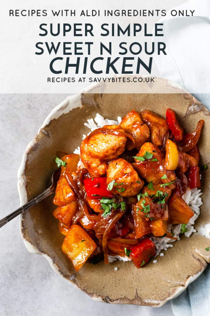 Quick and easy sweet and sour chicken on a white table.