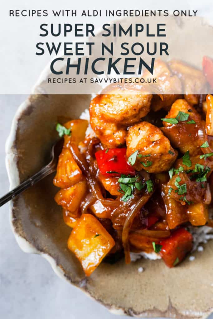 Sweet and sour chicken made with Aldi ingredients.