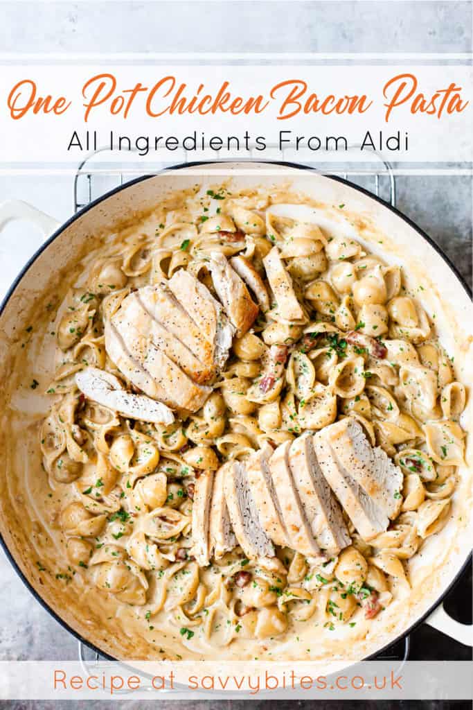 One pot creamy chicken and bacon pasta with text overlay.