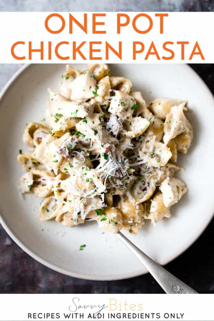 easy creamy chicken and bacon pasta with text overlay.