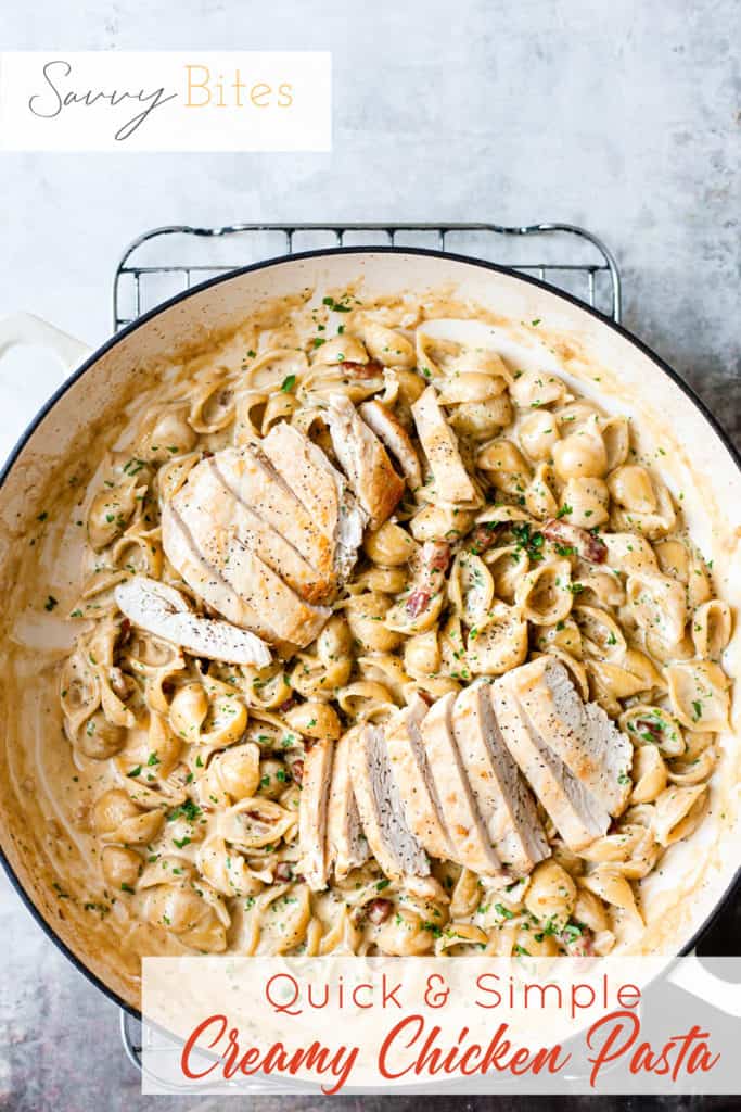 One pot chicken and bacon pasta with text overlay.