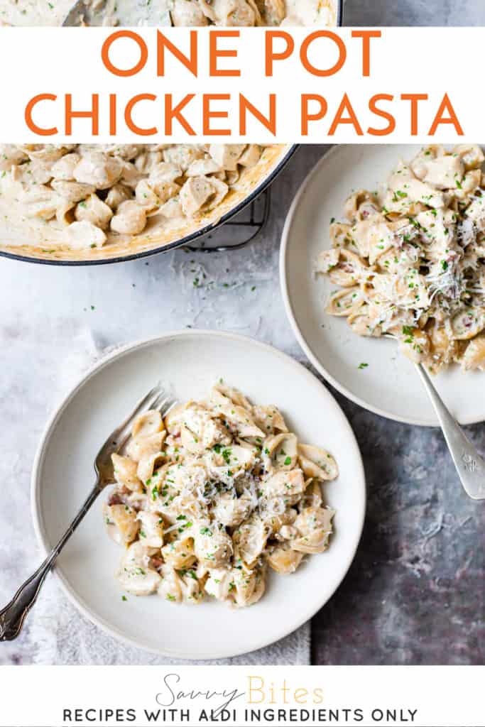 easy creamy chicken and bacon pasta with text overlay.