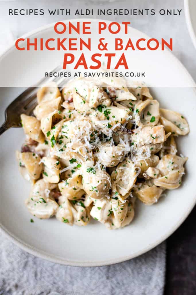 easy chicken and bacon pasta with text overlay.