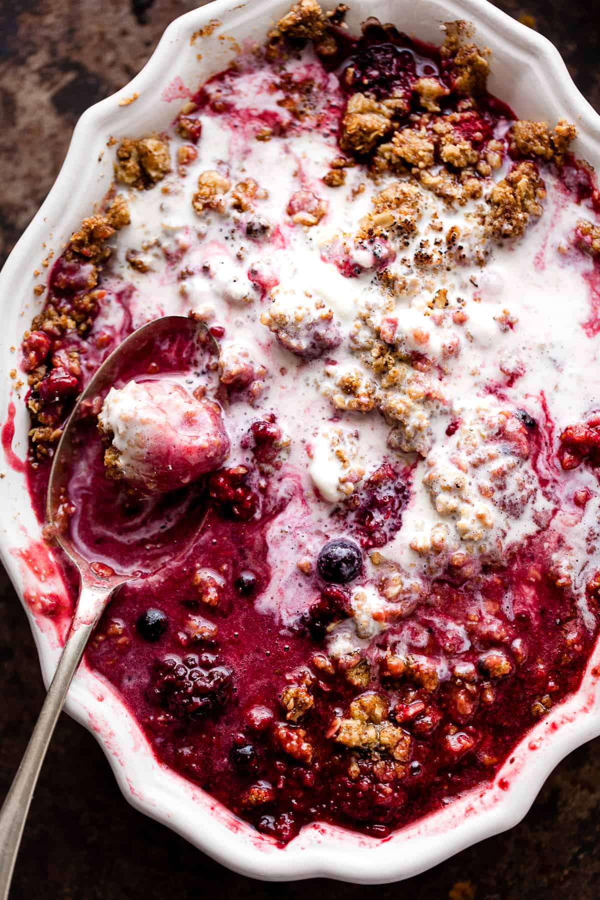 Fruit crumble with ice cream.