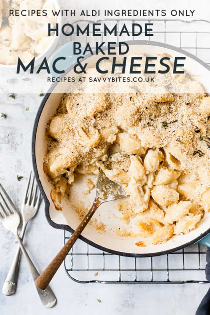 homemade mac and cheese with text overlay.