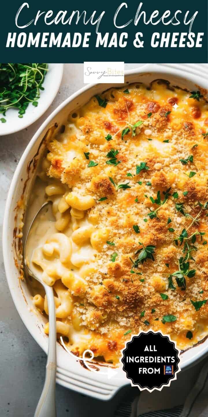 Creamy baked mac and cheese in a white baking dish.