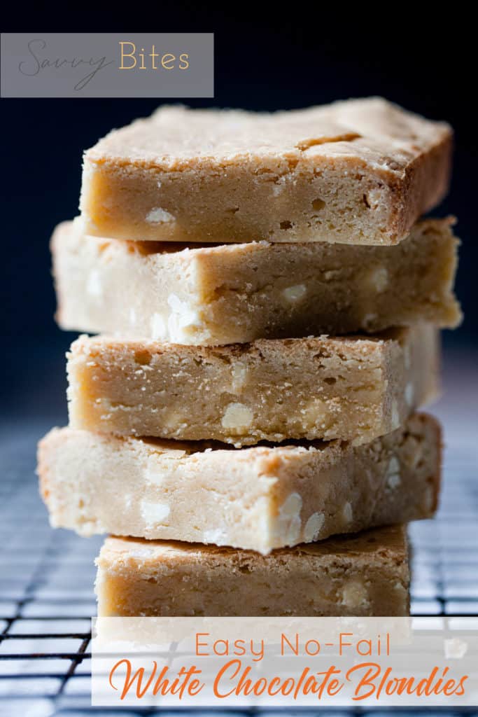 Stack of white chocolate blondies with text overlay.