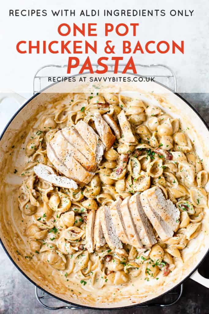 one pot creamy chicken and bacon pasta with text overlay.