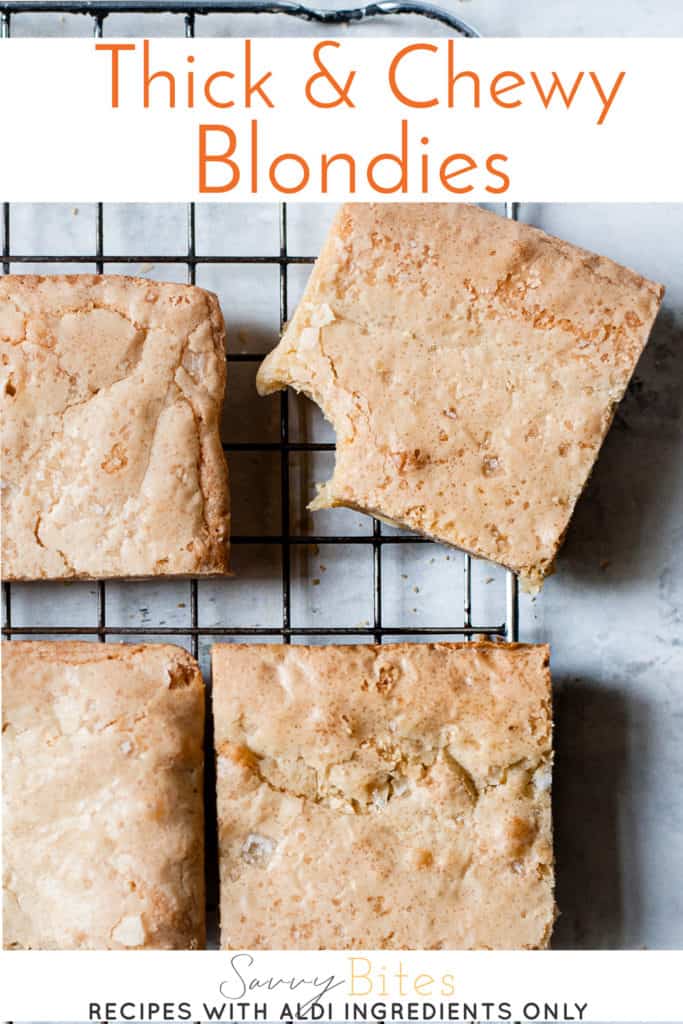 Sea salted white chocolate blondies with text overlay.