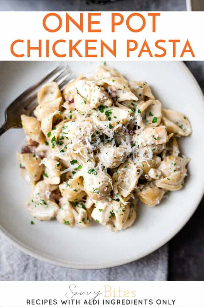 one pot chicken and bacon pasta with text overlay.