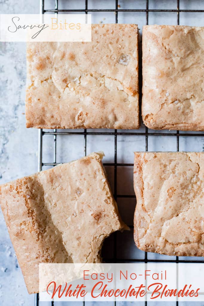 Blondies made with white chocolate on a cooling rack. Easy and chewy.