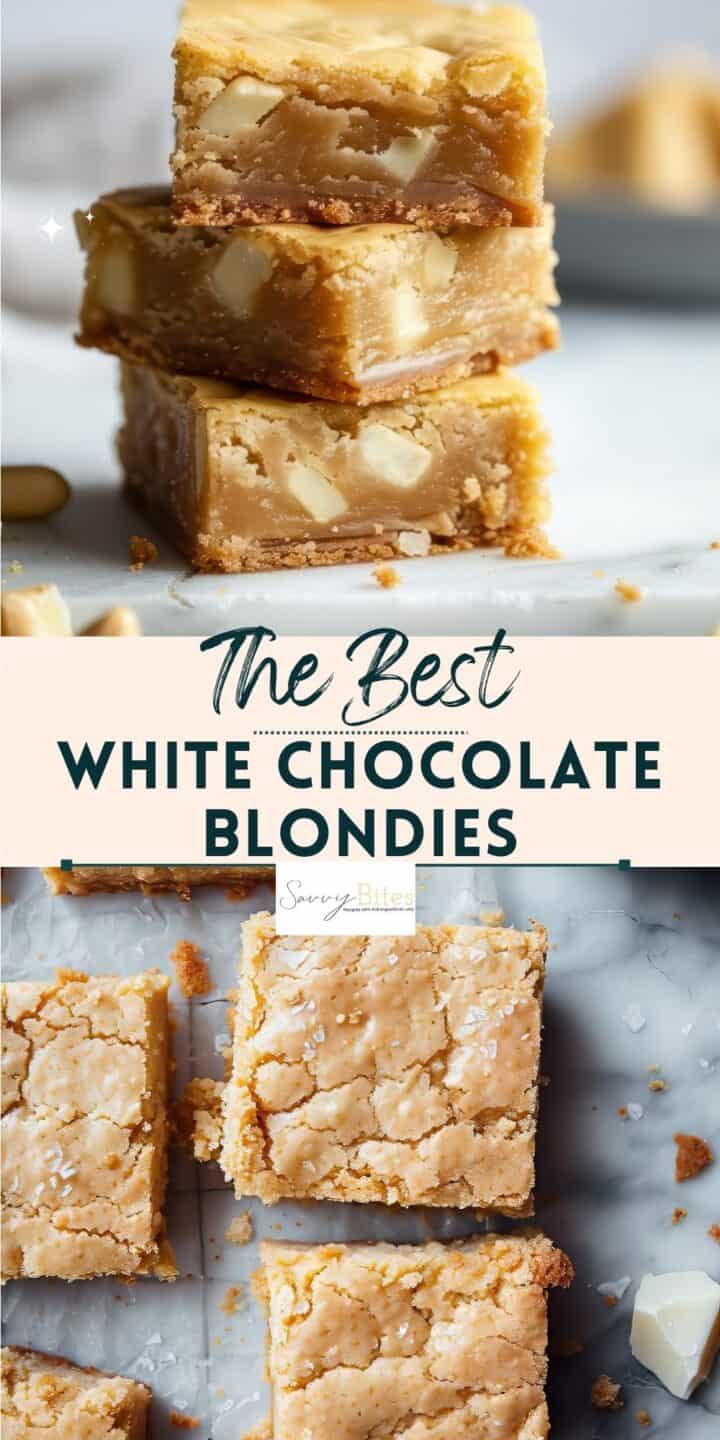A stack of white chocolate blondies on a table.