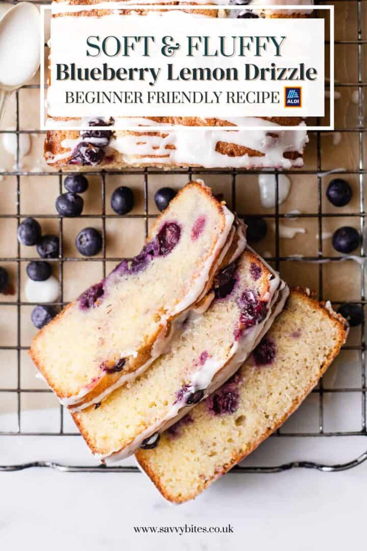 Blueberry lemon drizzle cake on a cooling rack.