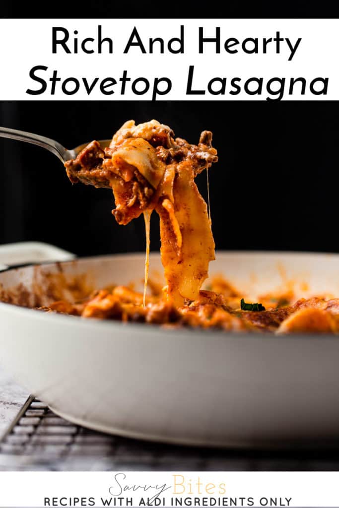 easy lasagna in a white dish with text overlay.