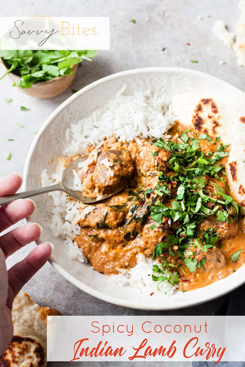 lamb curry in a white bowl with text overlay.