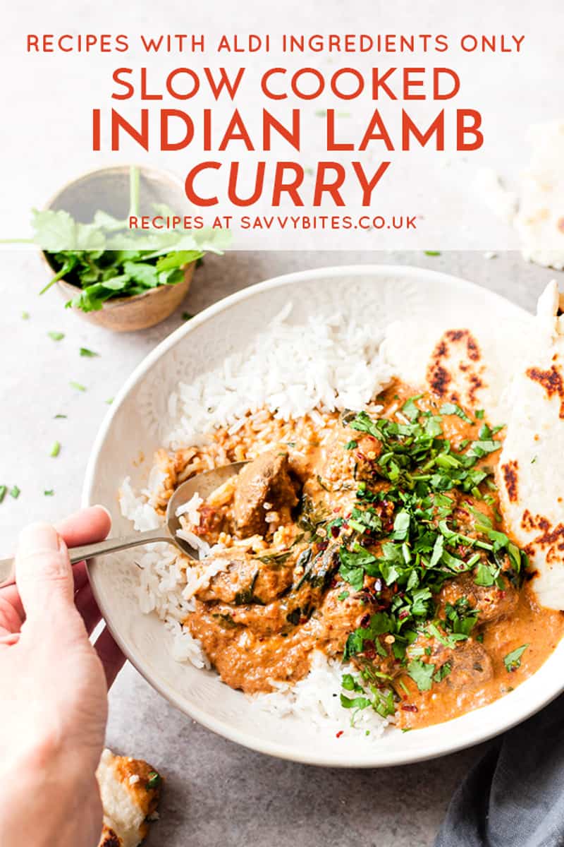 lamb curry in a white bowl with text overlay.