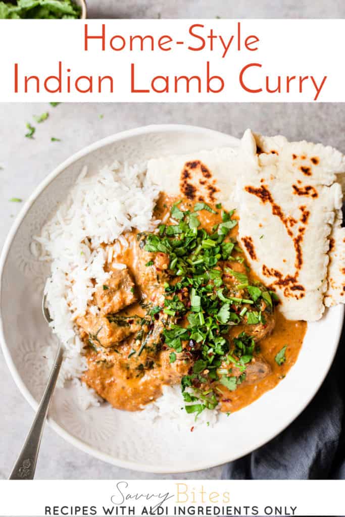 lamb curry in a white bowl with text overlay.