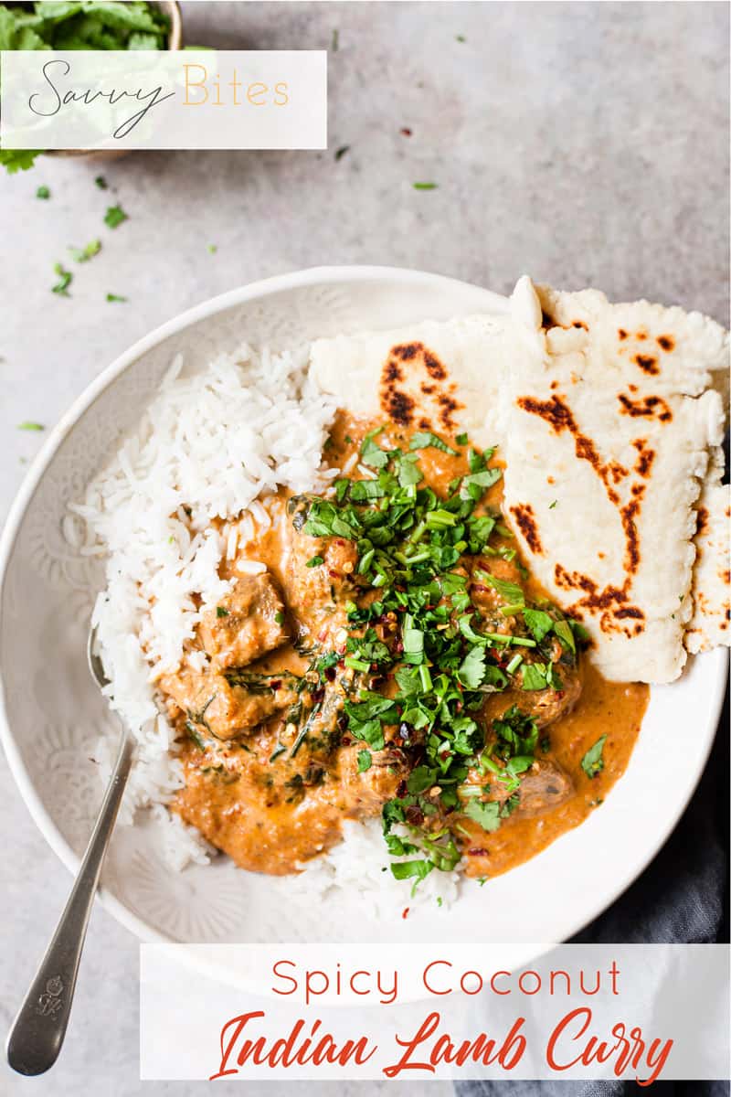 lamb curry in a white bowl with text overlay.