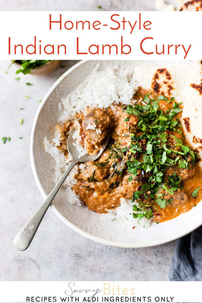lamb curry in a white bowl with text overlay.