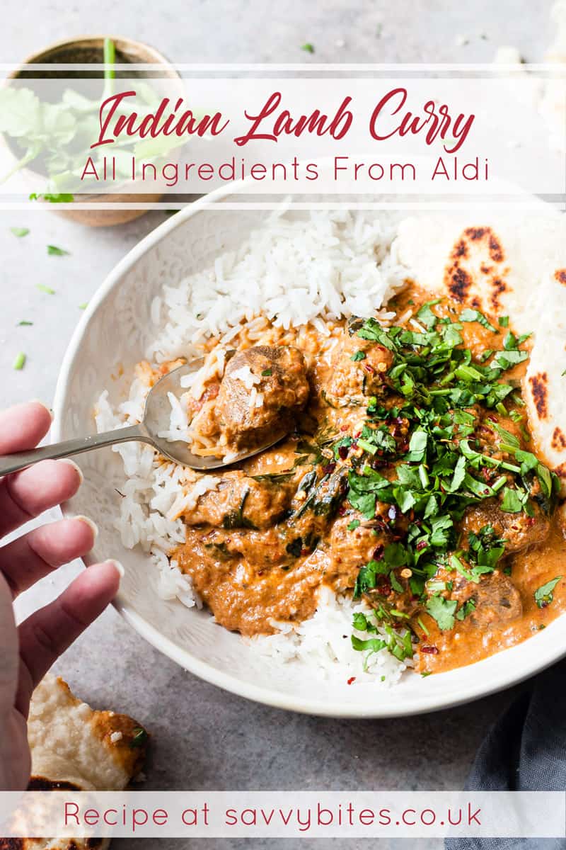 lamb curry in a white bowl with text overlay.