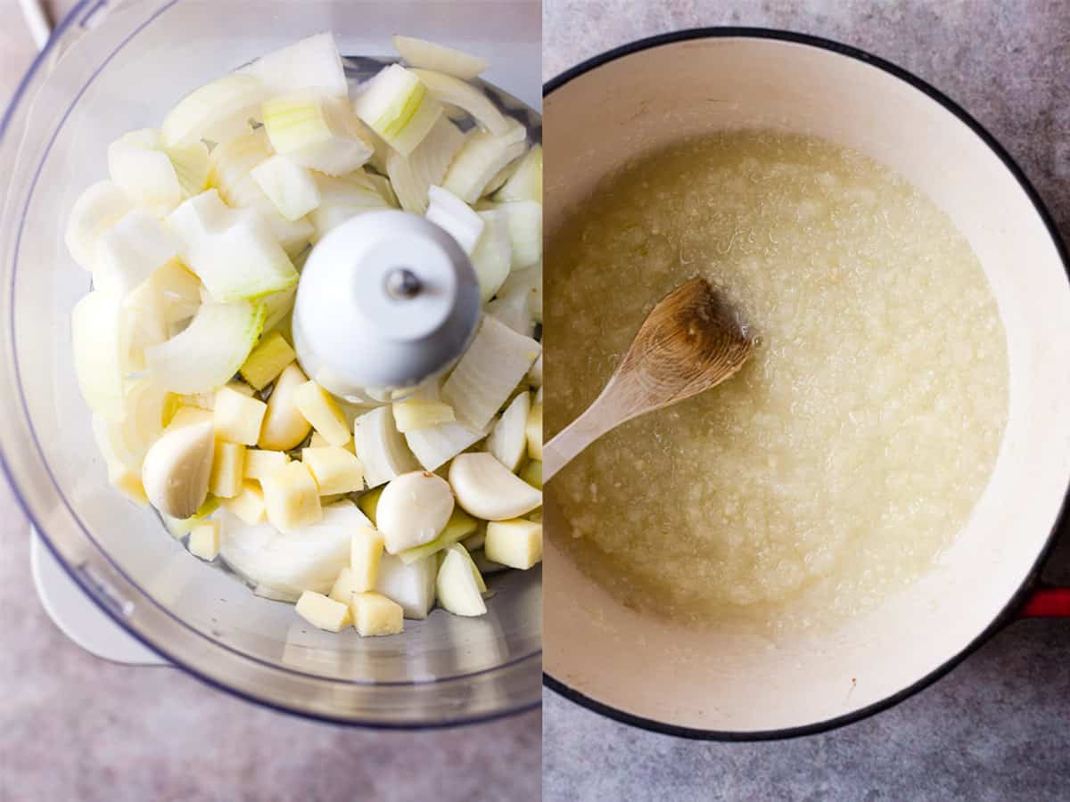 Blending the onions and garlic for the curry sauce base.