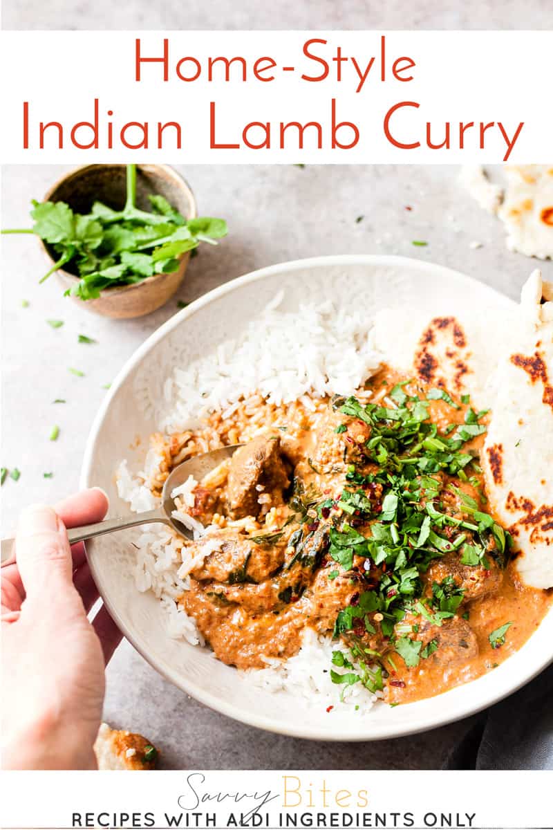 lamb curry in a white bowl with text overlay.