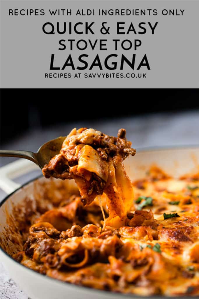 cheesy lasagna on a spoon with text overaly