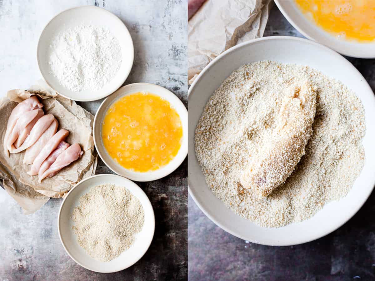 dusting chicken with flour and breadcrumbs
