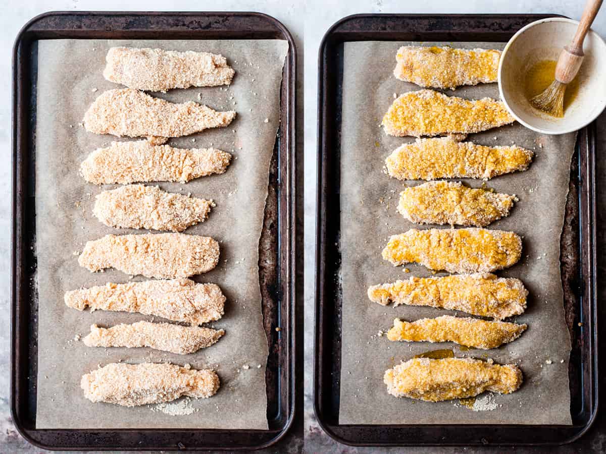 chicken goujons on a baking tray