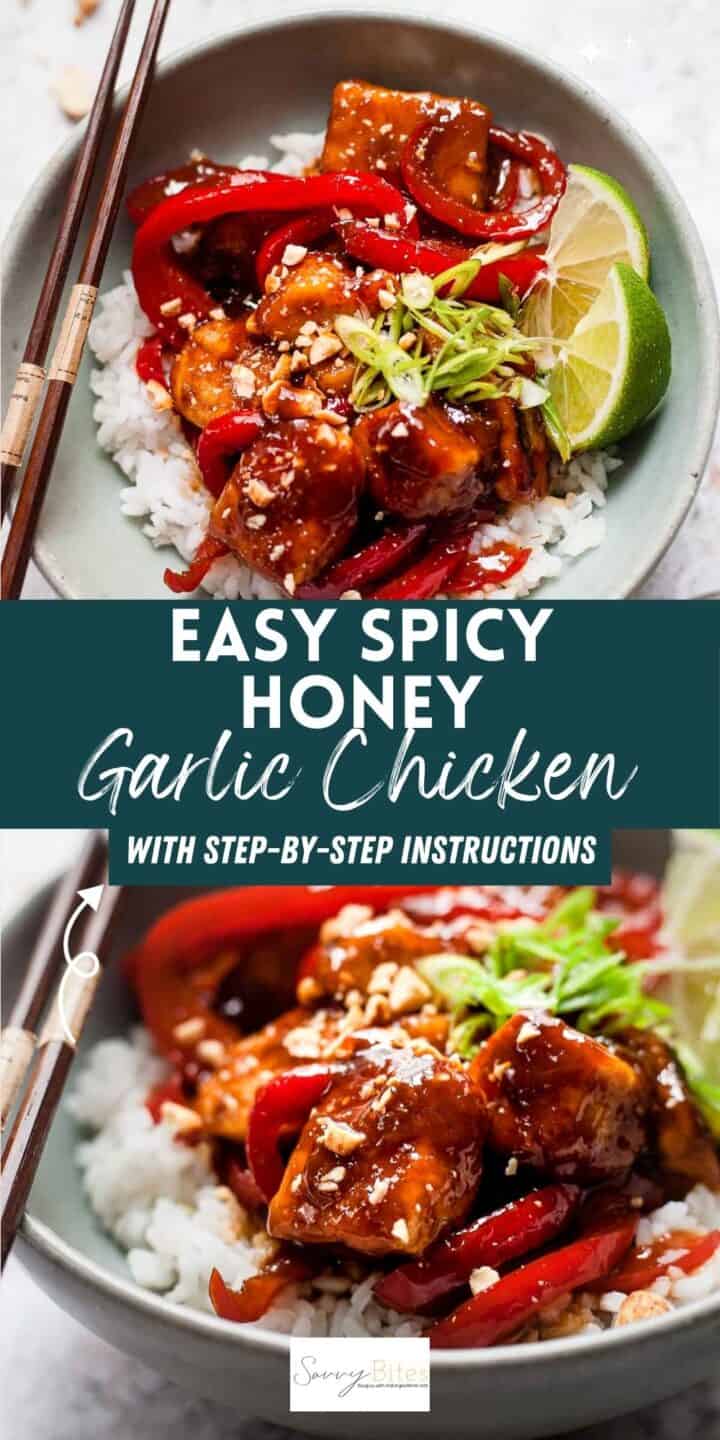 Honey garlic sticky chicken in a bowl with rice and text overlay.
