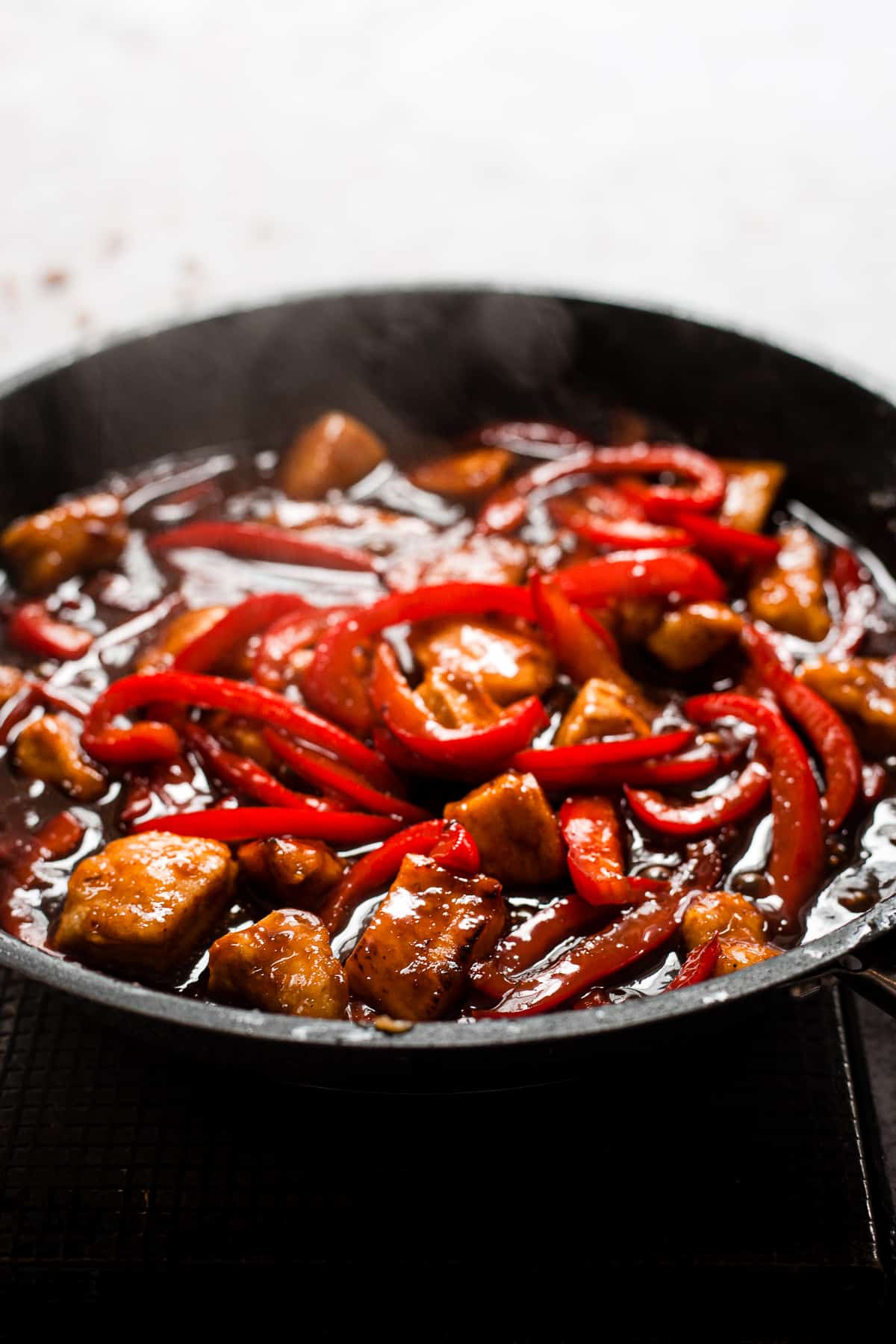 chilli chicken in a frying pan