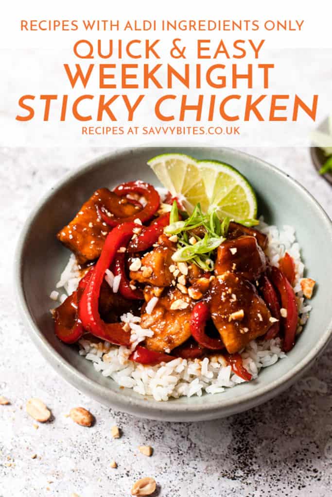 Weeknight sticky chicken with lime wedges and red peppers.
