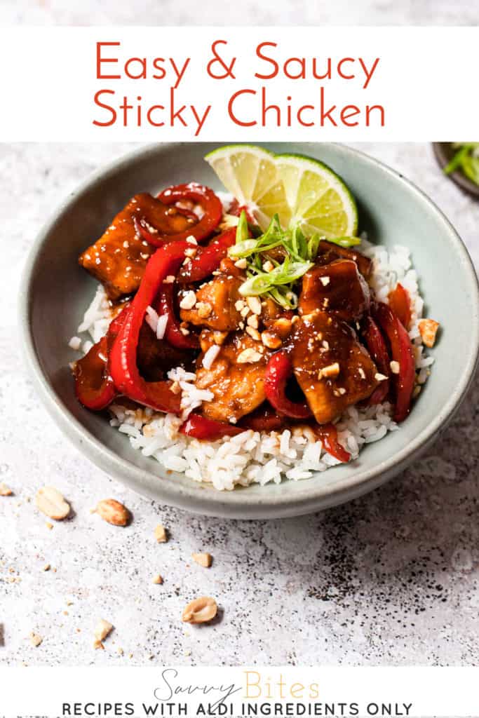 Sticky chicken in a blue bowl with rice and text overlay.
