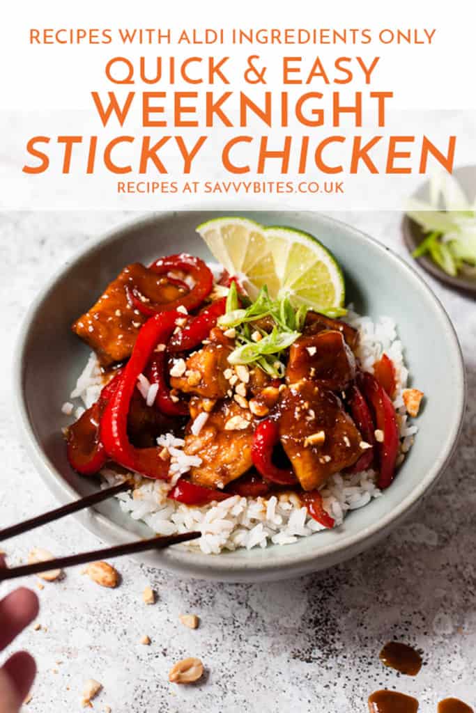 Sticky chicken in a blue bowl with text overlay.