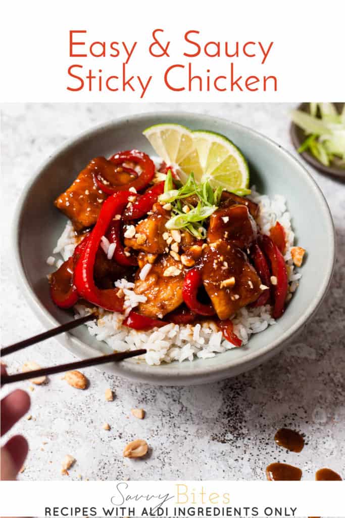 Aldi ingredients for sticky chicken with text overlay.