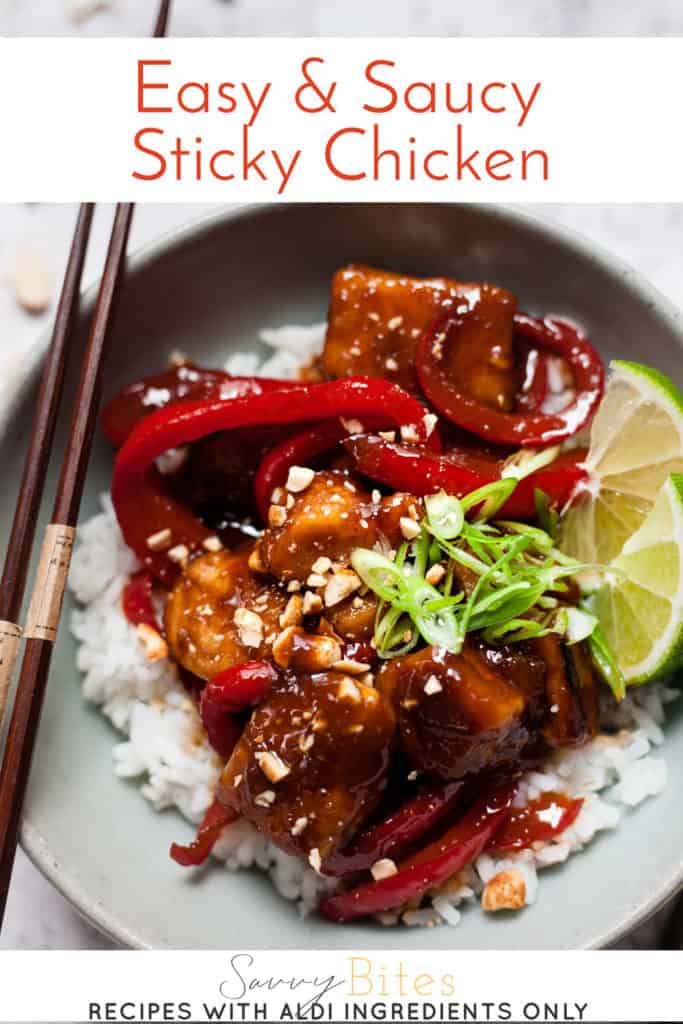 Saucy sticky chicken with text overlay.