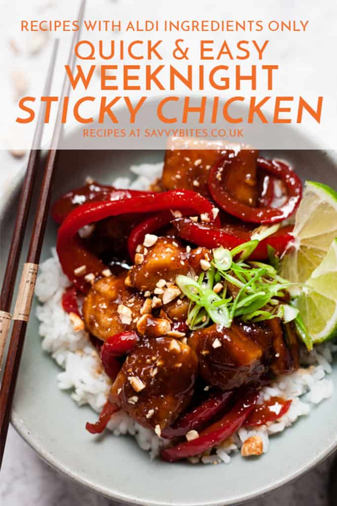 Easy sticky chicken with red peppers and chopped peanuts.