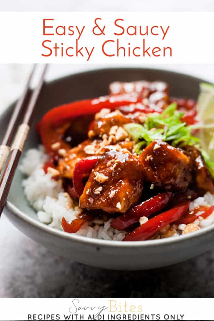 Easy Asian sticky chicken with red peppers and chopped peanuts.
