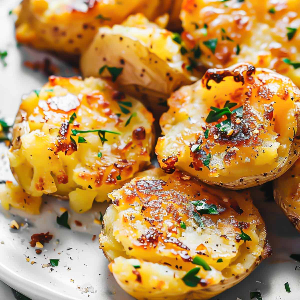 Crispy garlic smashed potatoes with herbs and butter.