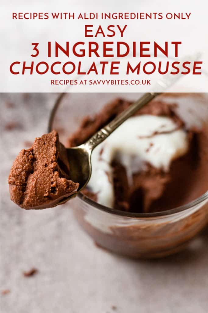 Easy chocolate mousse light and fluffy on a spoon with text overlay.