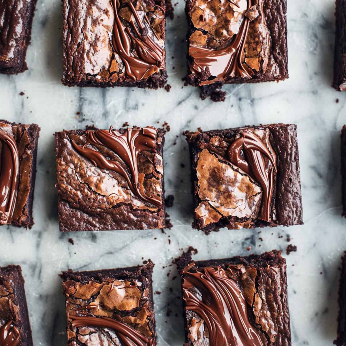 Nutella brownies on a marble table.