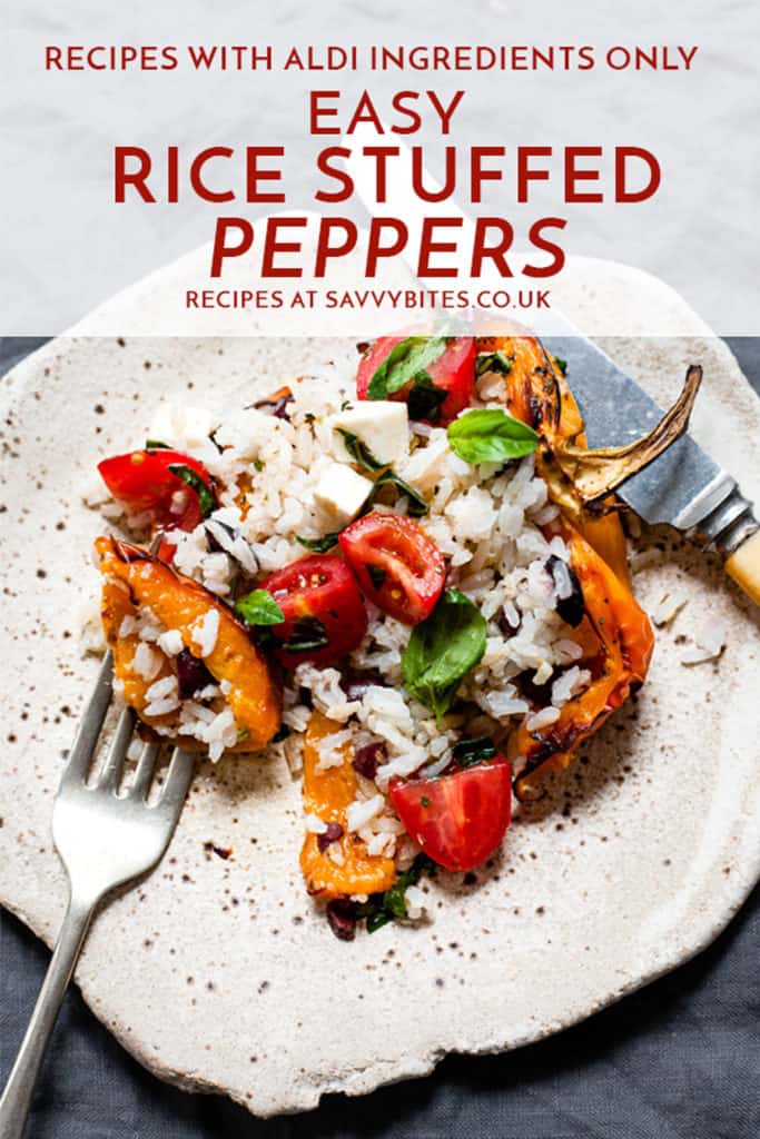 Stuffed peppers with rice on a white plate. Aldi recipes