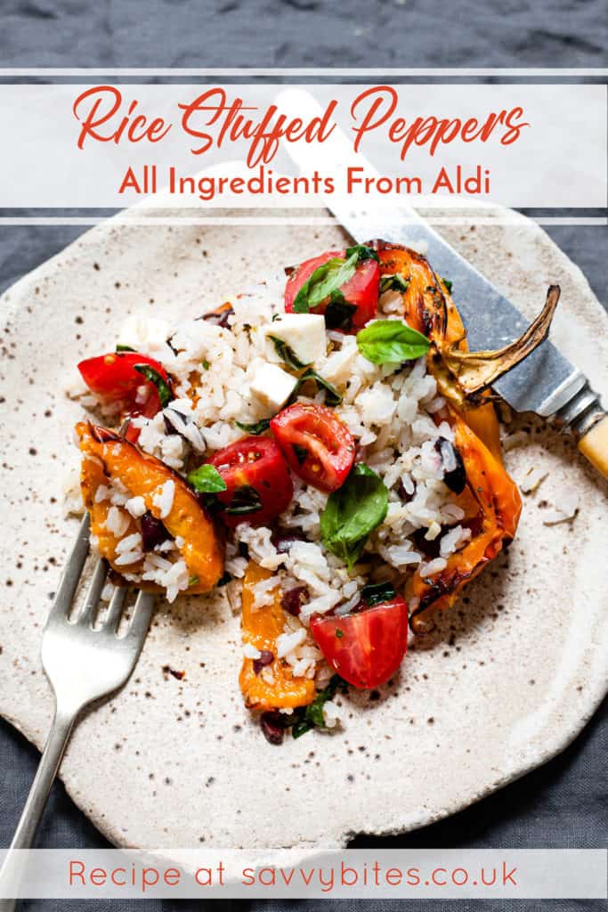 Stuffed peppers with rice on a white plate. Aldi recipes