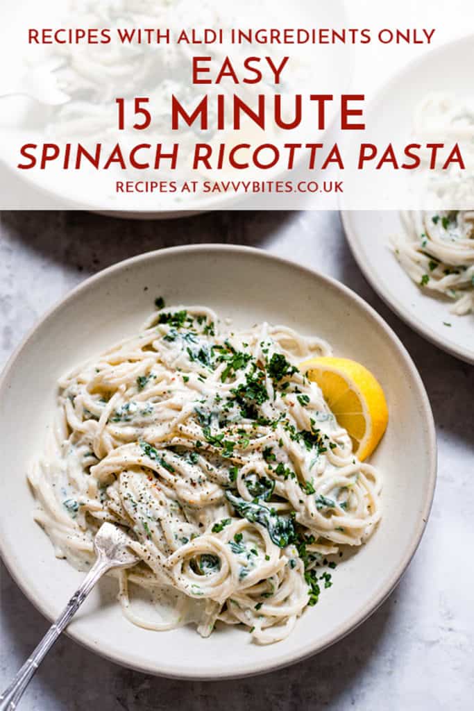 Spinach ricotta pasta in a white bowl. Aldi recipe