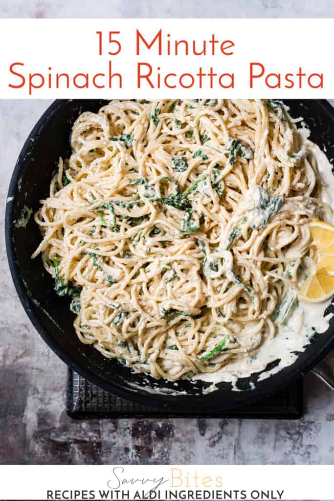 Spinach ricotta pasta in a white bowl. Aldi recipe
