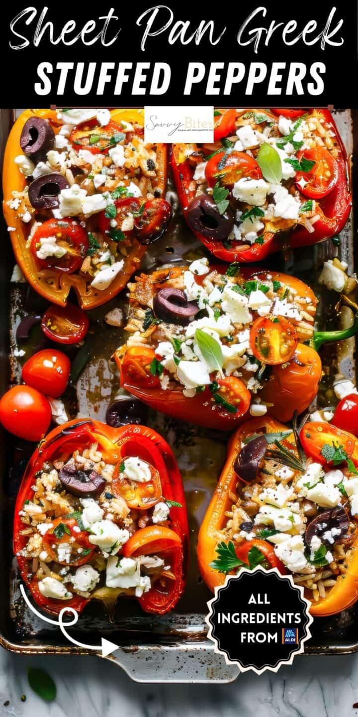 Mediterranean stuffed peppers with rice on a baking tray.