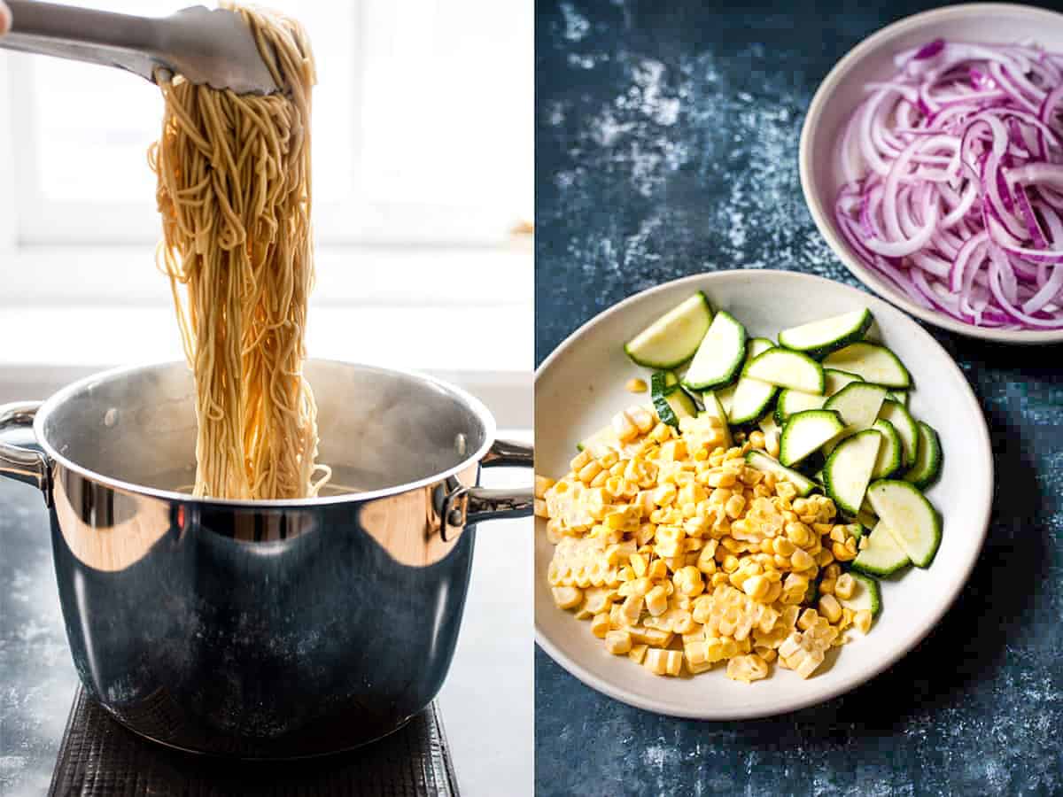 Noodles and vegetables being cooked.