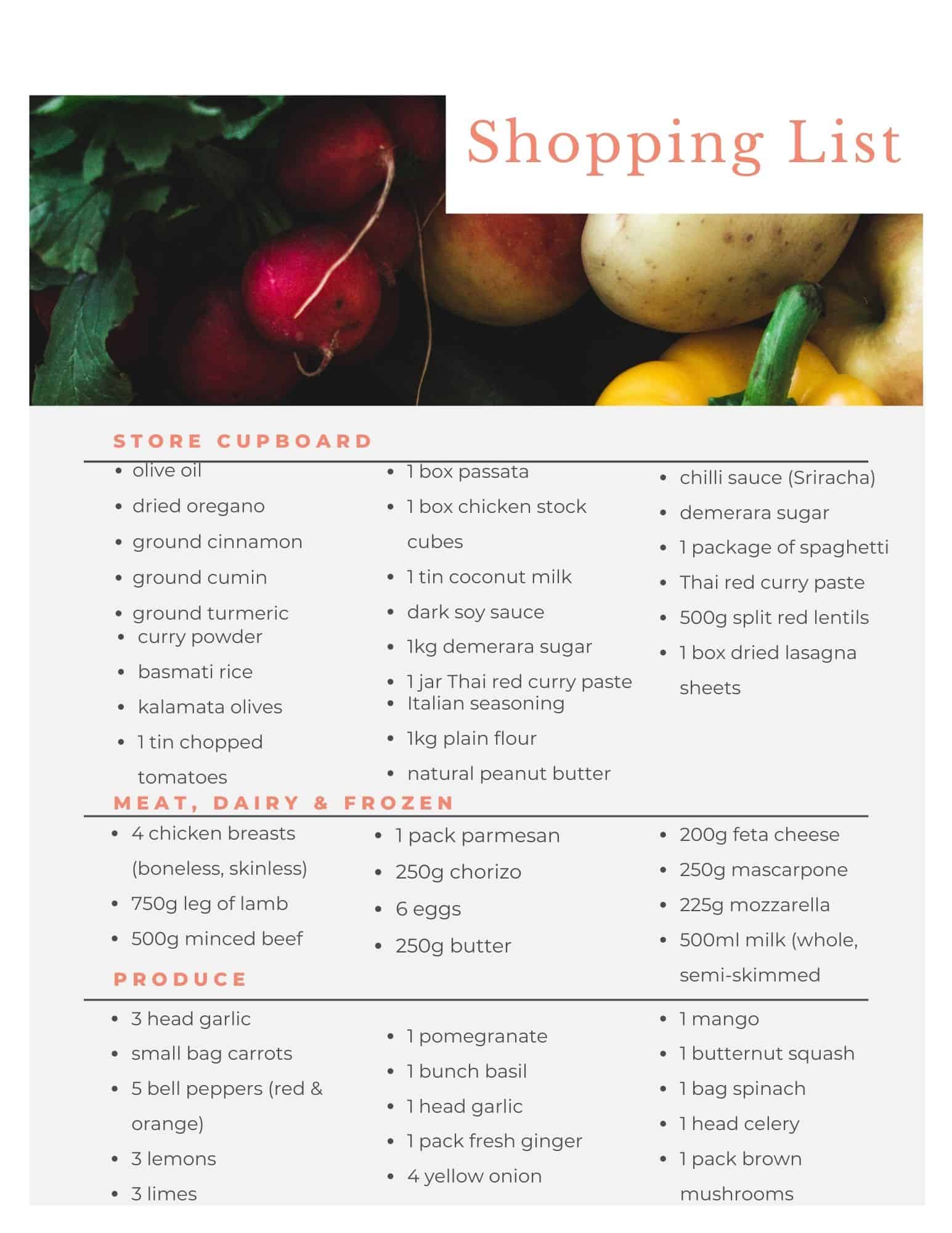 Shopping list for Aldi meal plan. 