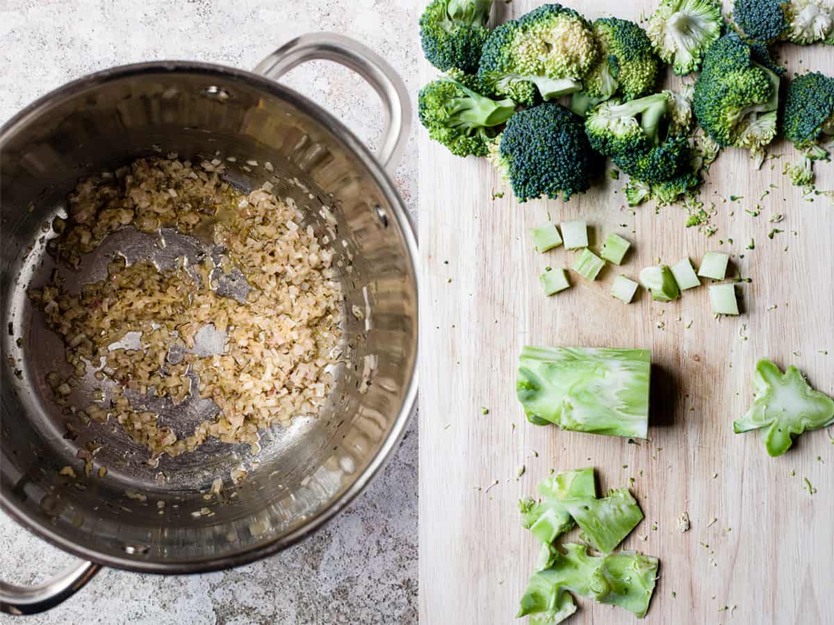 Washing and chopping broccoli for soup.