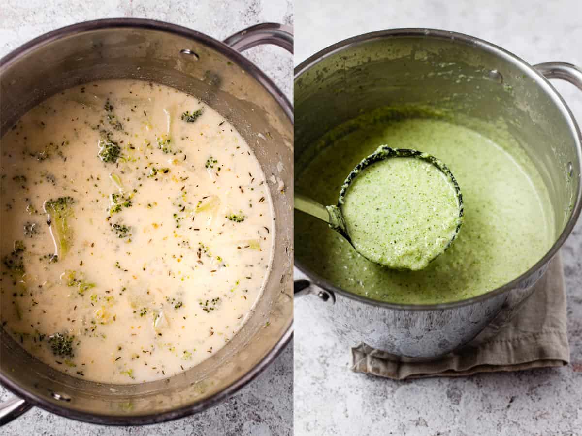 Blending broccoli and stilton together in the soup.